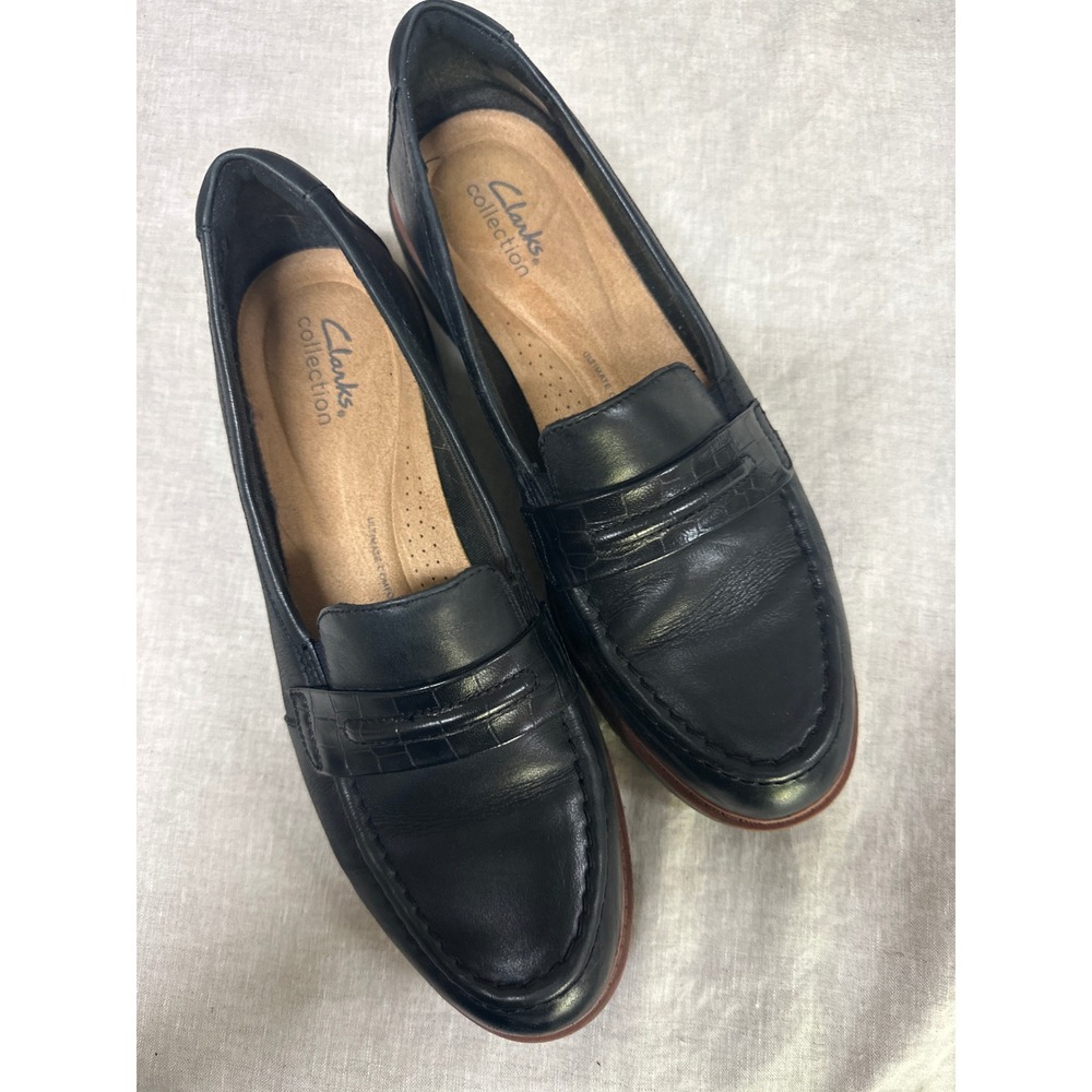 Clarks Collection Black Leather Croc Trim Penny Loafers Womens Shoes 10